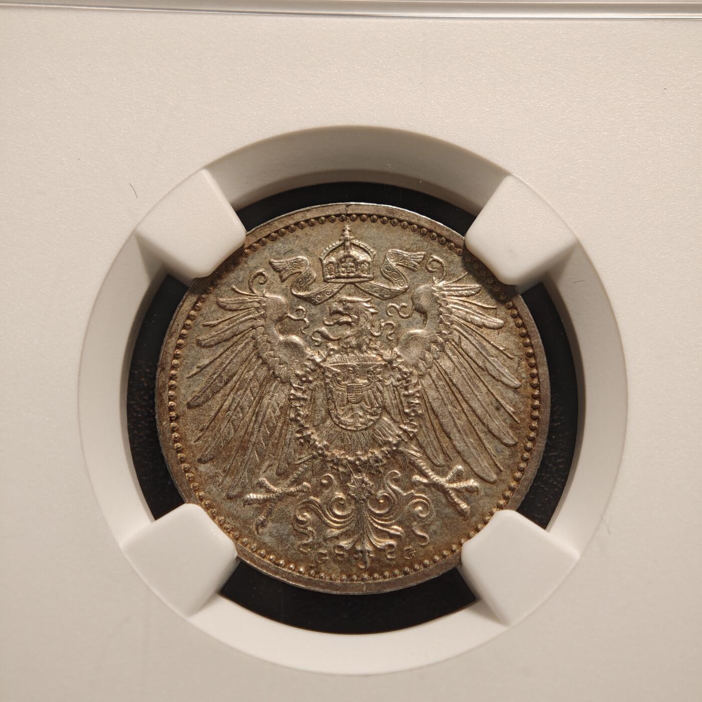 【德藏】世界币章拍卖第144期（拍品征集中~欢迎藏友联系） 1915年 德国1马克G厂银币 NGC MS62 黄油包浆