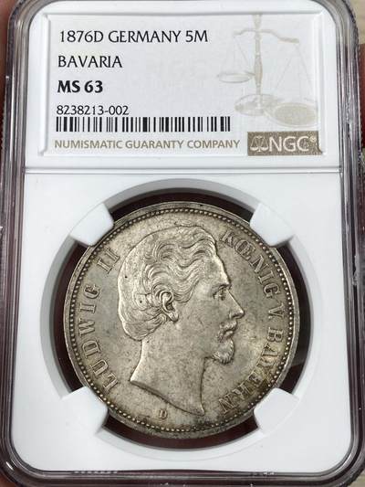 万国钱币拍卖第052期 - NGC MS63 1876年德国巴伐利亚路德维希二世流通短翅5马克 好品相当有难度的拜仁短翅主币 超强青色转光 一步到位的收藏级品相
