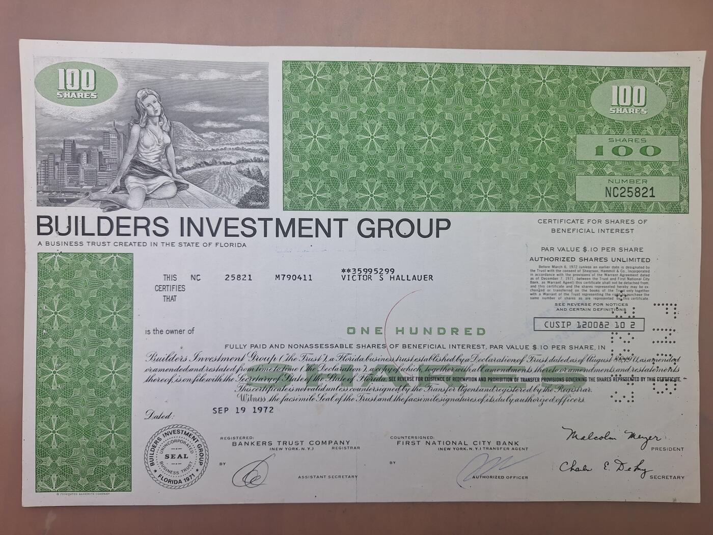 狮子猫股票债券纸品第二期 美国1972年佛罗里达州建筑投资集团（绿） 号码25821