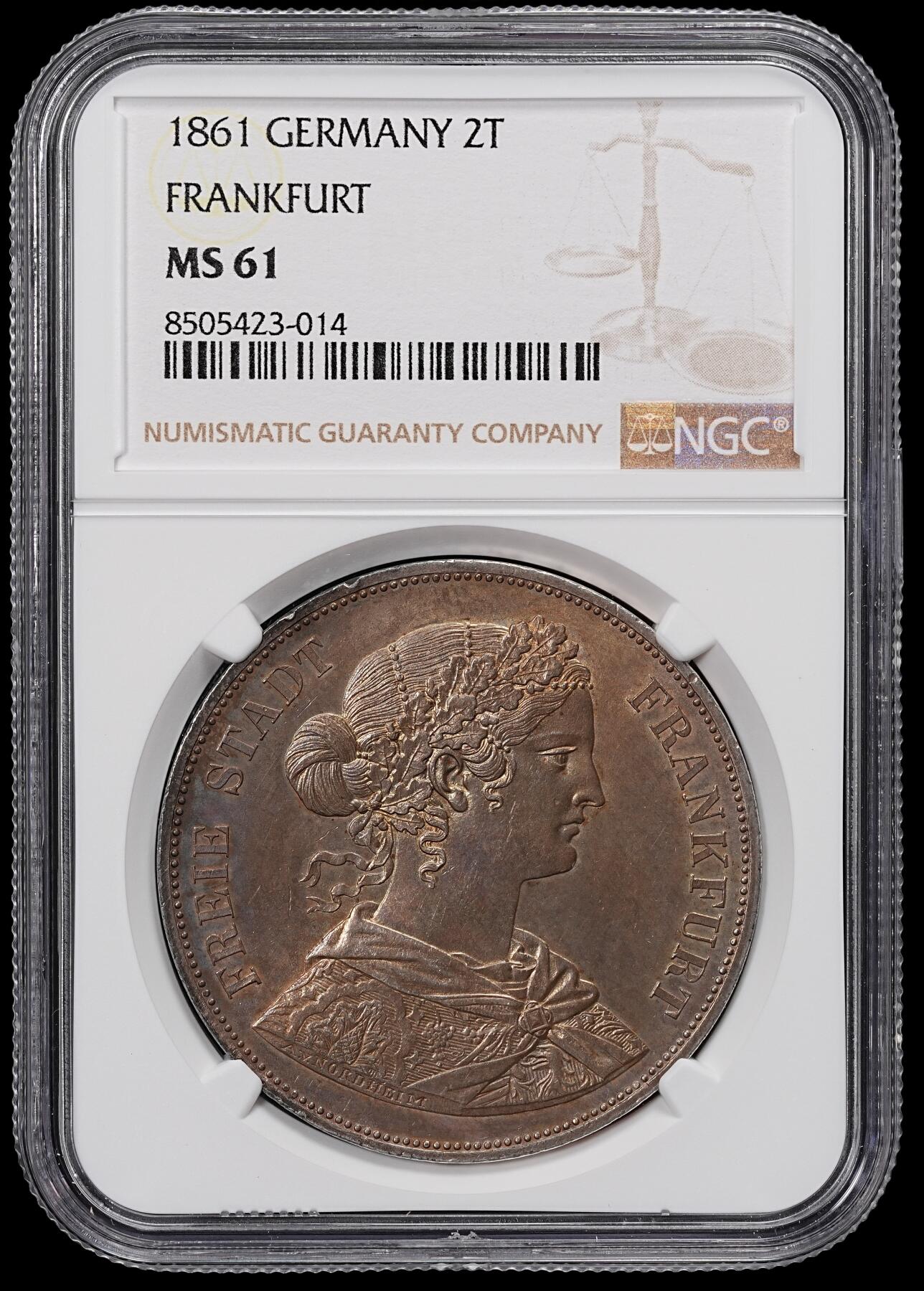修遠堂世界钱币第八十二期 NGC MS61 1861年法兰克福少女2泰勒大银币