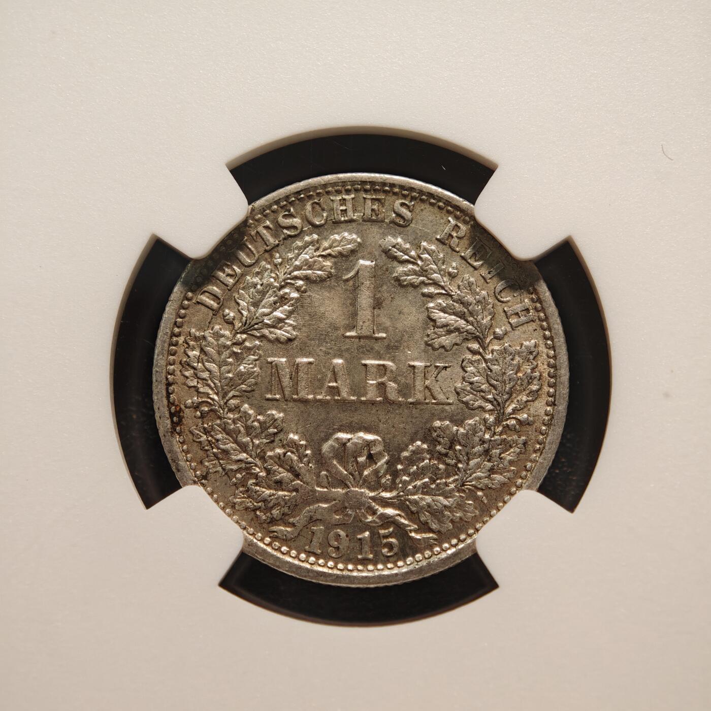 【德藏】世界币章拍卖第144期（拍品征集中~欢迎藏友联系） 1915年 德国1马克F厂银币 NGC MS62 淡包浆