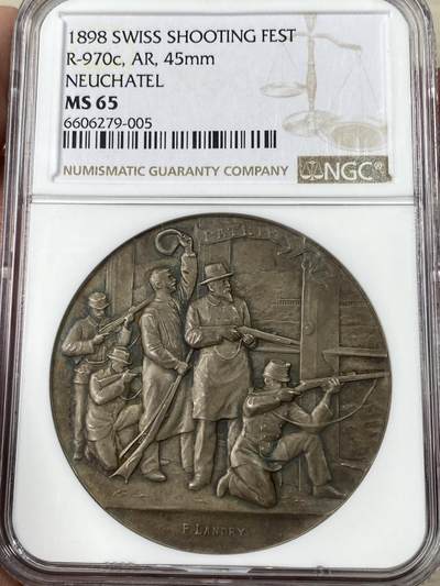 万国钱币拍卖第052期 - NGC MS65 1898年瑞士纳沙泰尔射击节大银章 原味磨砂五彩 高分BU收藏级