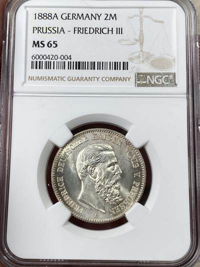 万国钱币拍卖第052期 - NGC MS65 1888年德国普鲁士三皇之年短翅流通2马克 顶级BU品质 丝绸转光原味淡包浆