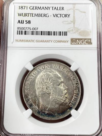 万国钱币拍卖第052期 - NGC AU58 1871年符腾堡普法战争胜利1泰勒 经典胜利天使 月牙孔雀蓝彩