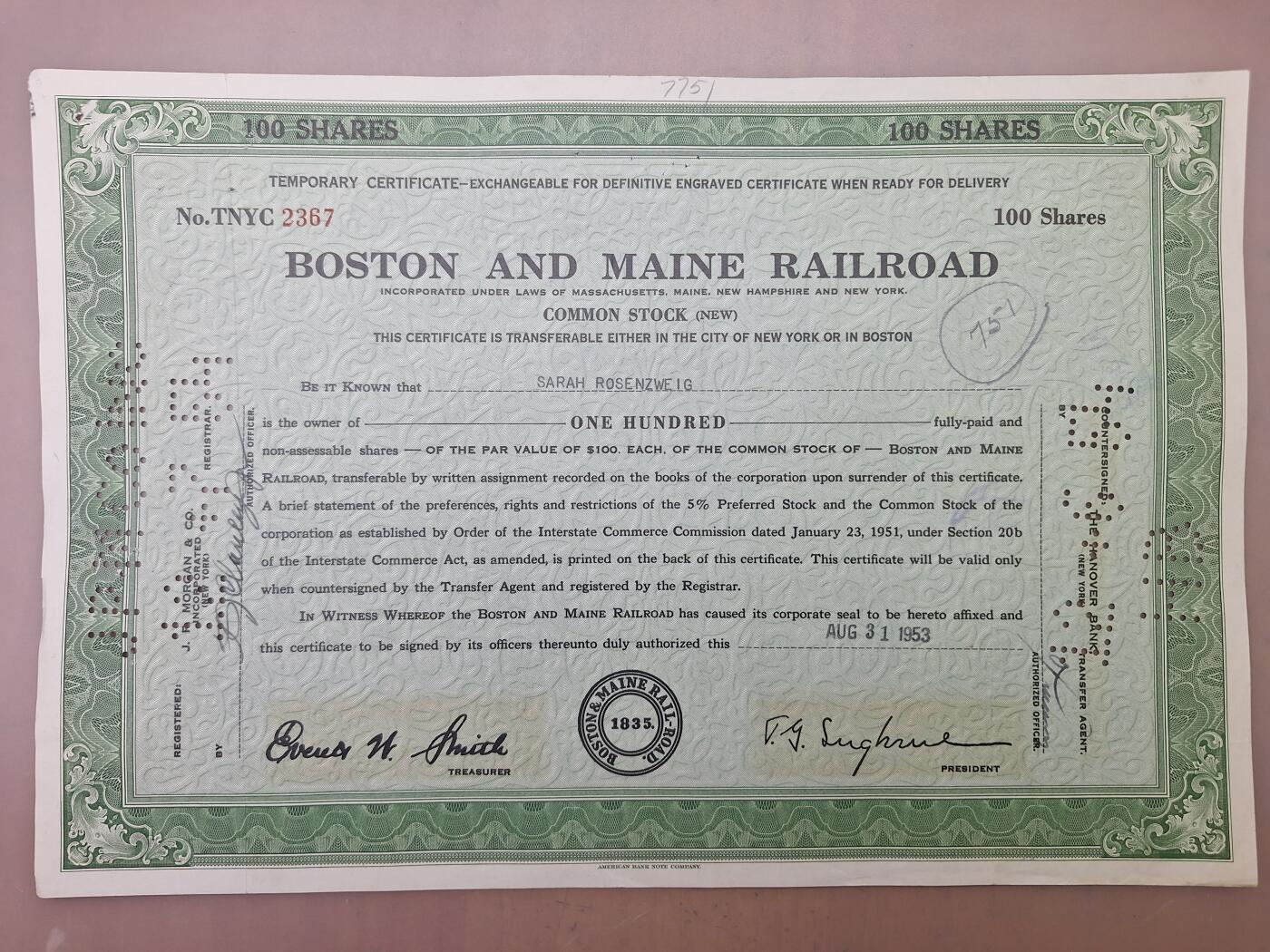 狮子猫股票债券纸品第二期 美国1953年波士顿和缅因州铁路（绿） 股票号码2367