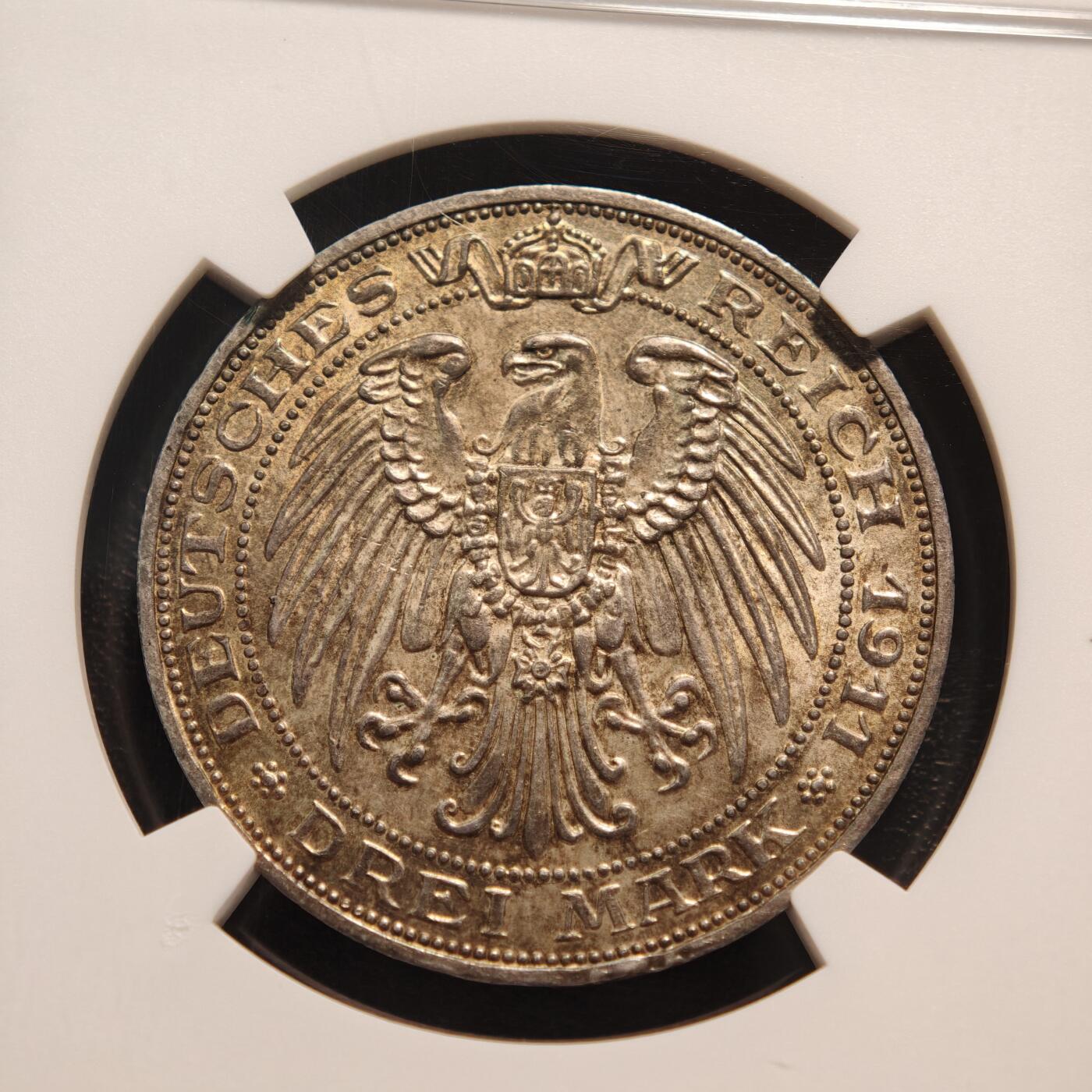 【德藏】世界币章拍卖第144期（拍品征集中~欢迎藏友联系） 1911年 德国普鲁士布雷斯劳大学3马克银币 NGC MS62 黄油包浆 状态极佳
