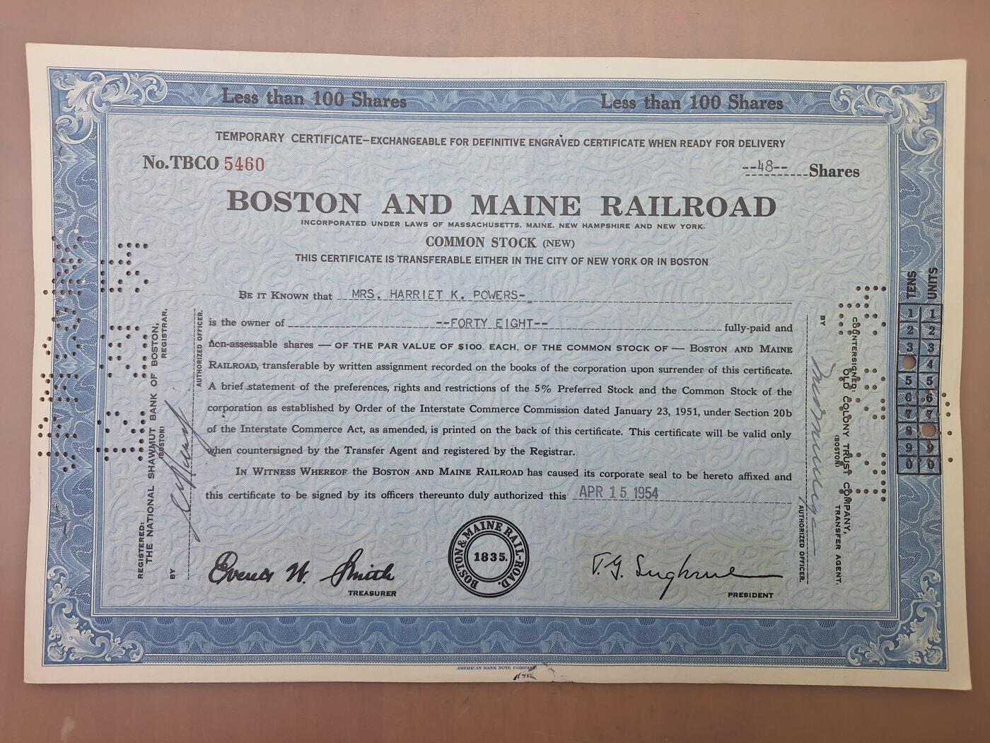 狮子猫股票债券纸品第二期 美国1954年波士顿和缅因州铁路（蓝） 股票号码5460