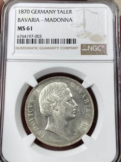 万国钱币拍卖第052期 - NGC MS61 1870年德国巴伐利亚路一圣母抱婴流通1泰勒 轻微镜面喷砂质感