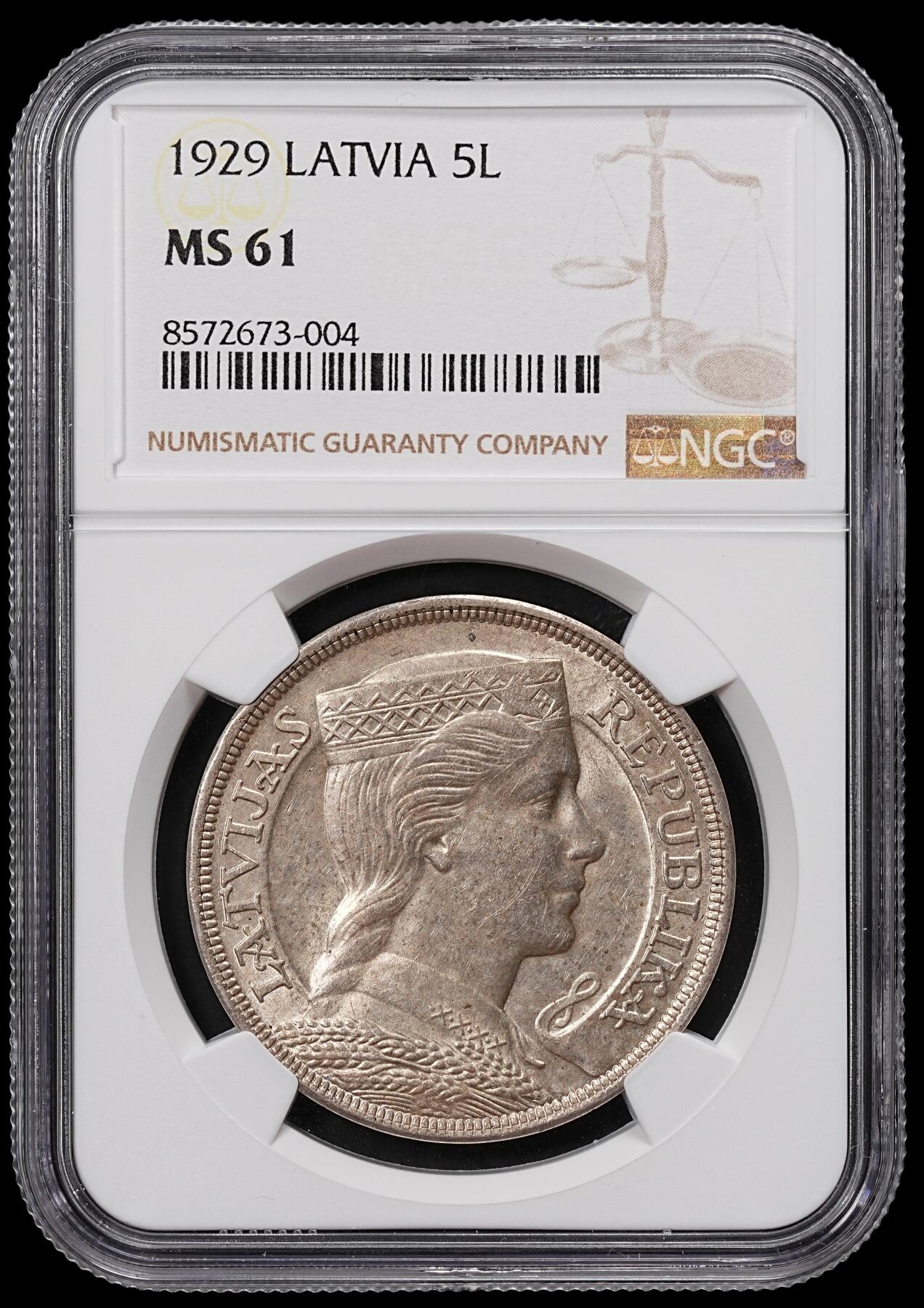 修遠堂世界钱币第八十二期 NGC MS61 1929年拉脱维亚5L大银币