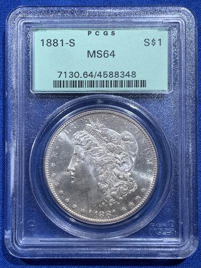 《竞宝斋》第414场 周日，周一，2场连拍 （全场包邮） - PCGS MS64 美国 1881-S 摩根 1美元银币 老绿盒 低评了