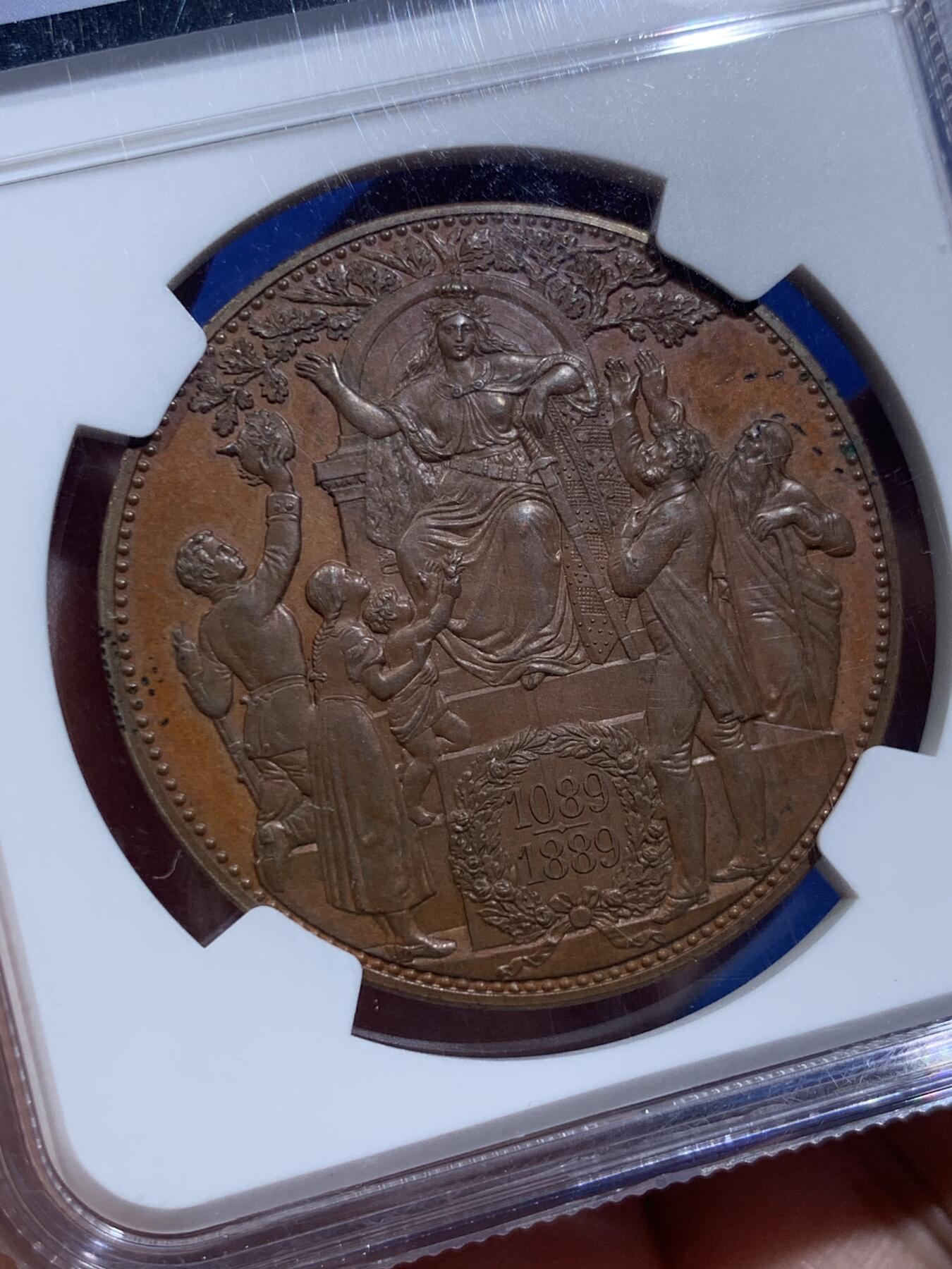 《竞宝斋》第414场 周日，周一，2场连拍 （全场包邮） NGC PF63BN 德国萨克森1889年韦廷王朝800周年5马克铜币 精制罕见
