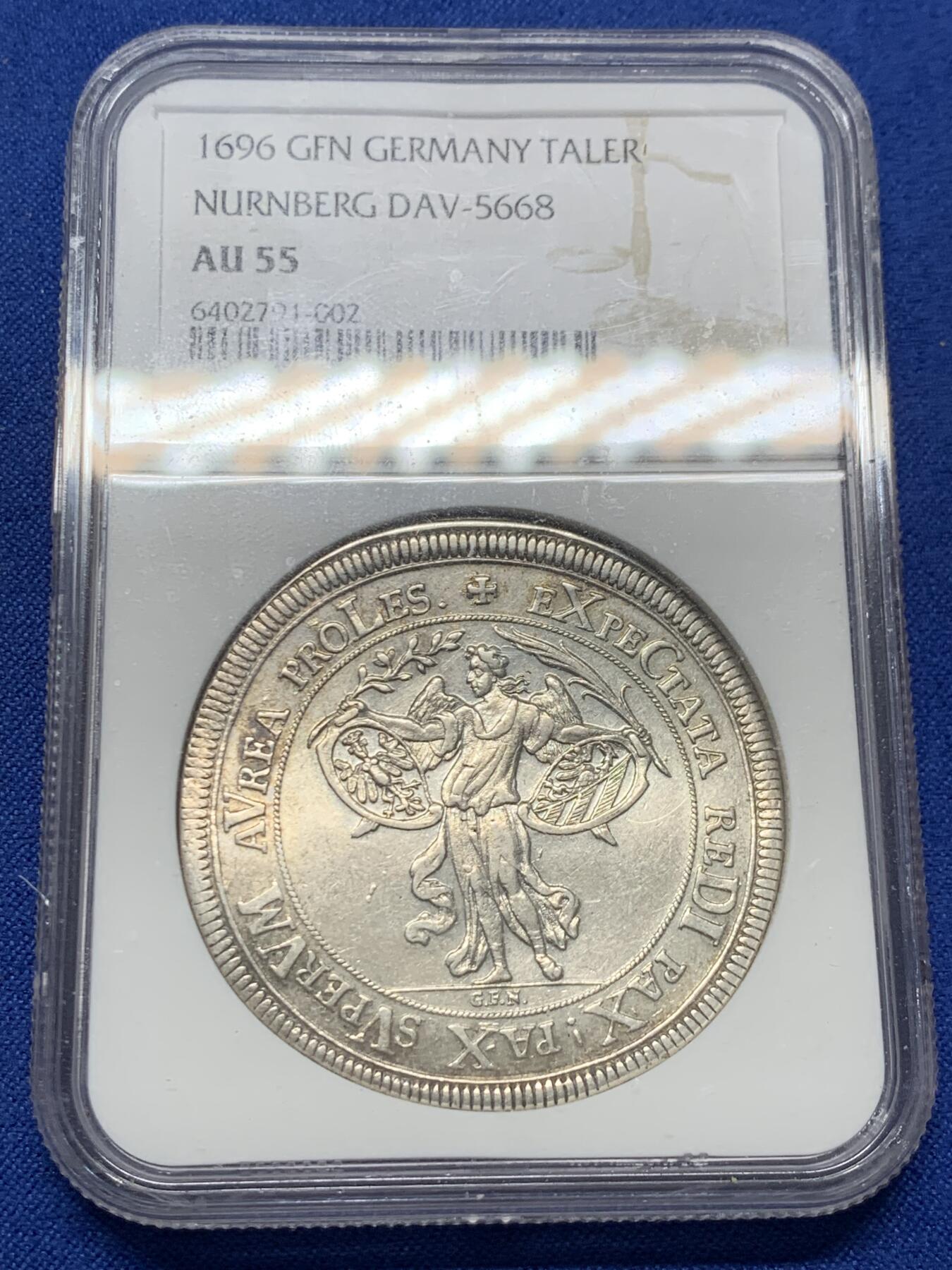 《竞宝斋》第414场 周日，周一，2场连拍 （全场包邮） NGC AU55 德国 1696年 纽伦堡 天使和城市景观泰勒 少见品种，少见好品