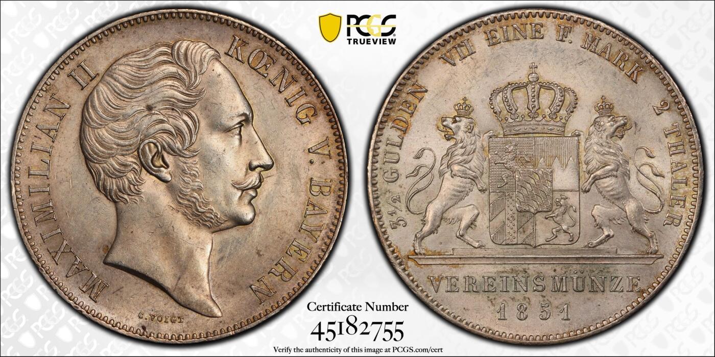 万国钱币拍卖第052期 PCGS MS61 1851年巴伐利亚马克西米利安二世双狮2泰勒 好品相当有难度的巴伐利亚流通品种 原味淡彩转光 PCGS亚军分 更高分仅仅2枚