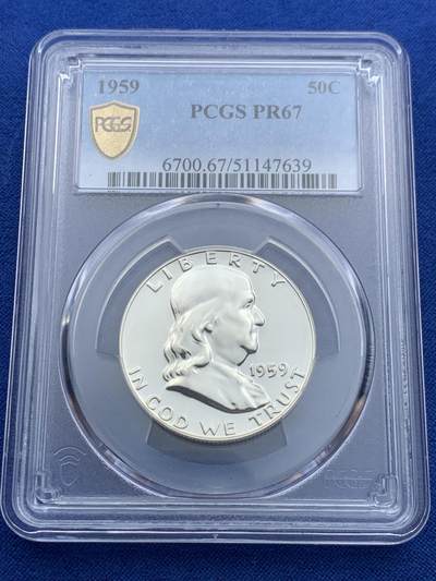 《竞宝斋》第414场 周日，周一，2场连拍 （全场包邮） - PCGS PR67 美国1959年富兰克林半美元精制银币