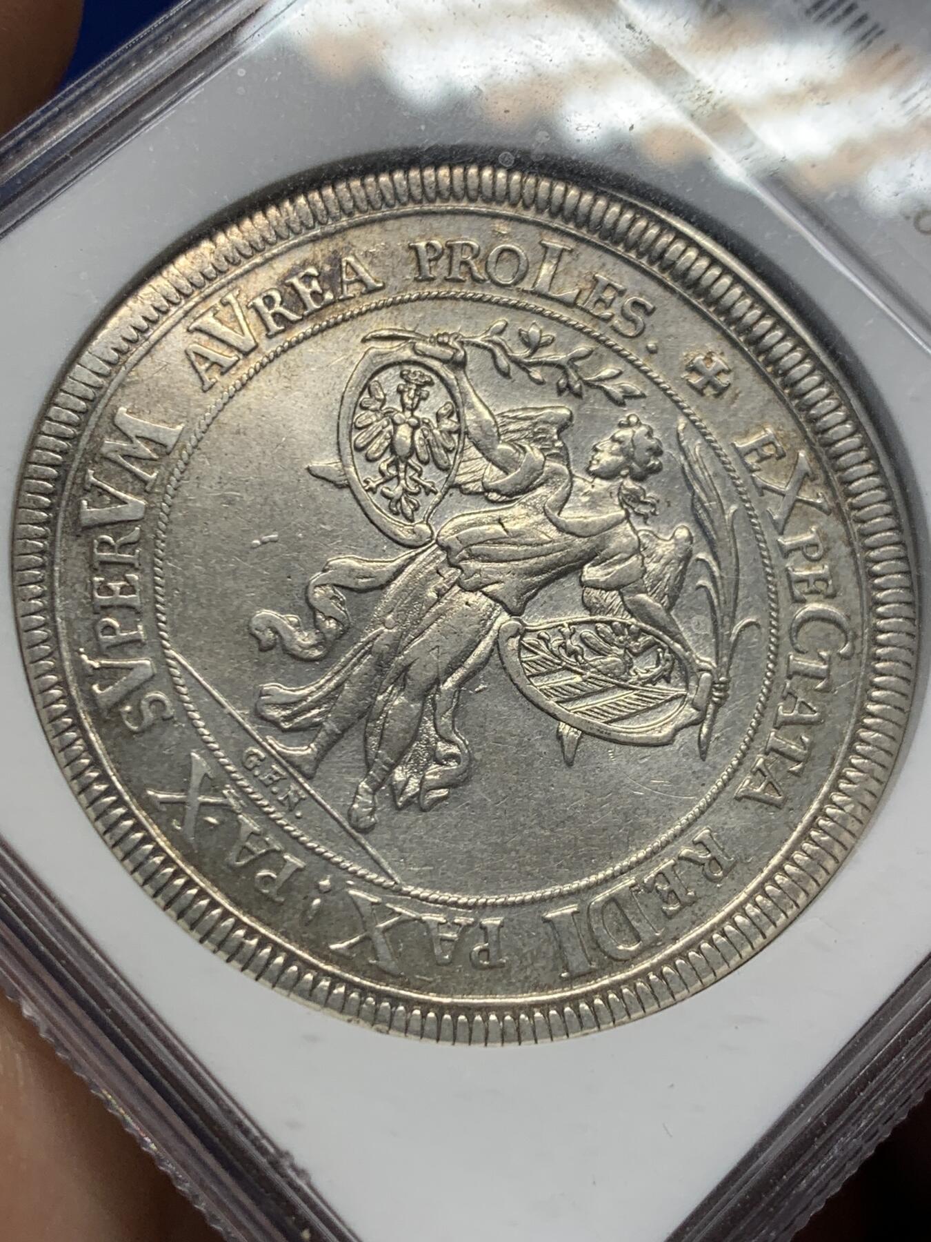 《竞宝斋》第414场 周日，周一，2场连拍 （全场包邮） NGC AU55 德国 1696年 纽伦堡 天使和城市景观泰勒 少见品种，少见好品