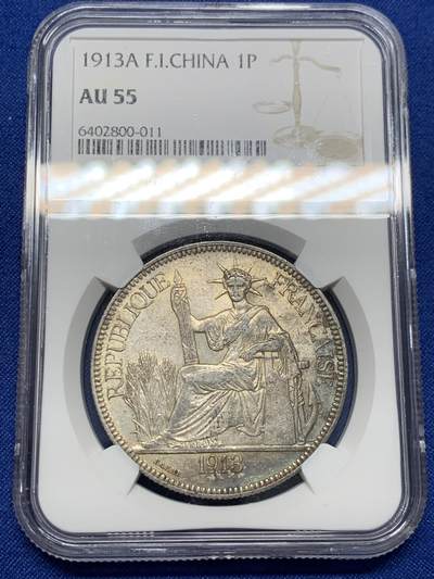 《竞宝斋》第414场 周日，周一，2场连拍 （全场包邮） - NGC AU55 法属印支 1913年 坐洋 1P银币 原味包浆 年份也不错