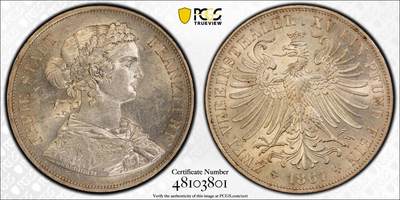 万国钱币拍卖第052期 - PCGS MS62 1861年德国法兰克福少女流通2泰勒 淡金彩清新淡雅 原味十字转光