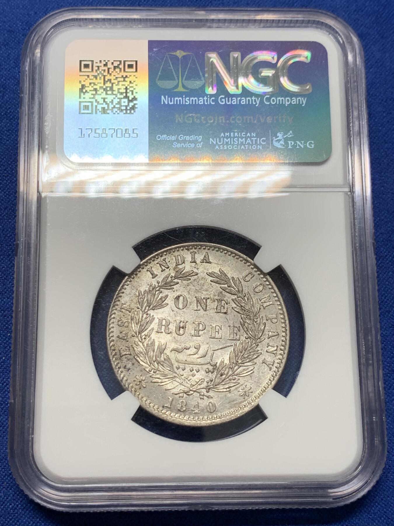 《竞宝斋》第414场 周日，周一，2场连拍 （全场包邮） NGC MS61 英国东印度公司1840年维多利亚女王双辫1卢比银币