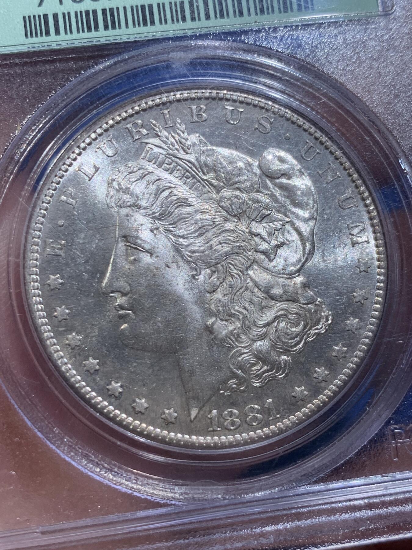 《竞宝斋》第414场 周日，周一，2场连拍 （全场包邮） PCGS MS64 美国 1881-S 摩根 1美元银币 老绿盒 低评了