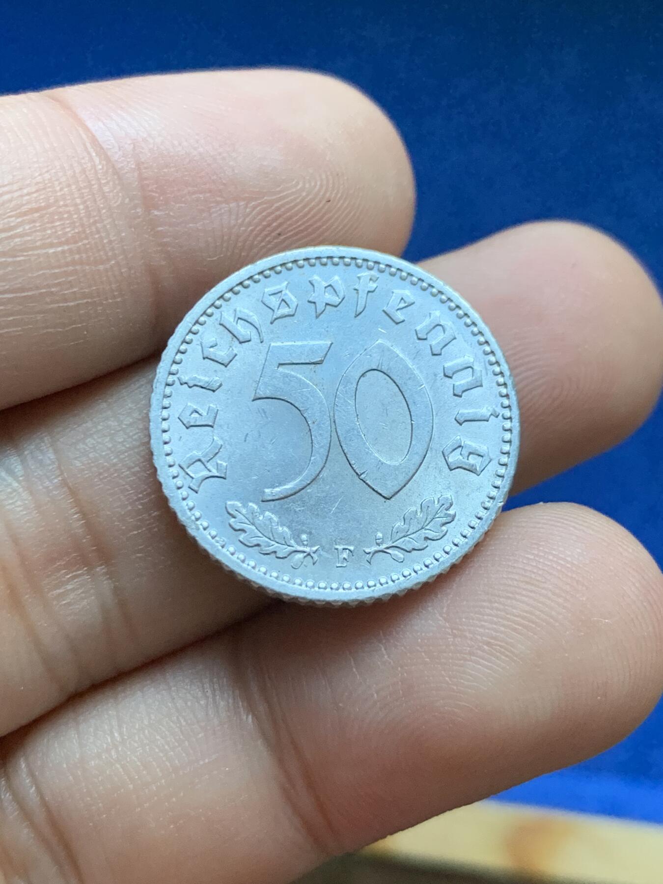 《竞宝斋》第414场 周日，周一，2场连拍 （全场包邮） 德国1944年50芬尼 原光好品