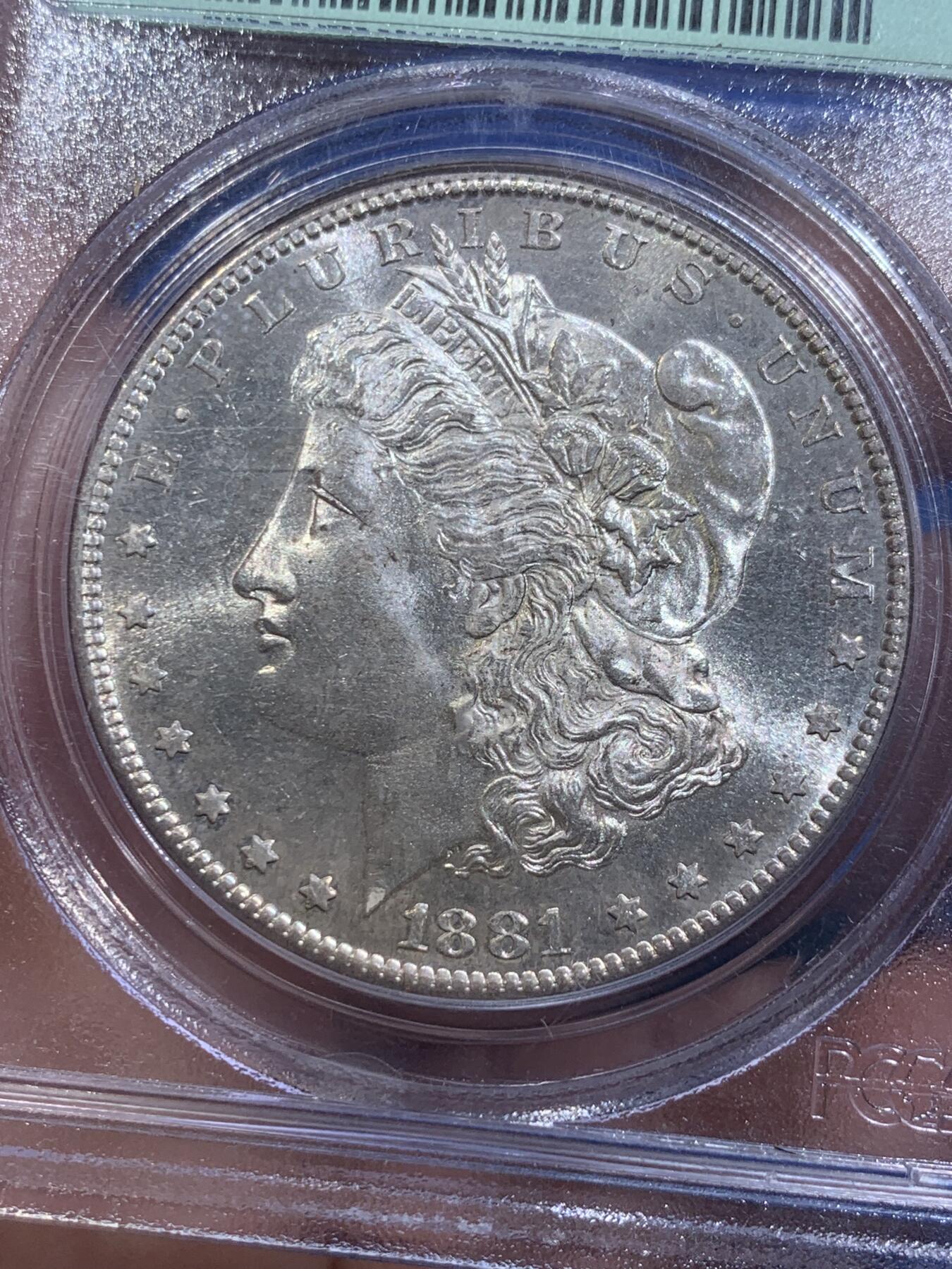 《竞宝斋》第414场 周日，周一，2场连拍 （全场包邮） PCGS MS64 美国 1881-S 摩根 1美元银币 老绿盒 低评了