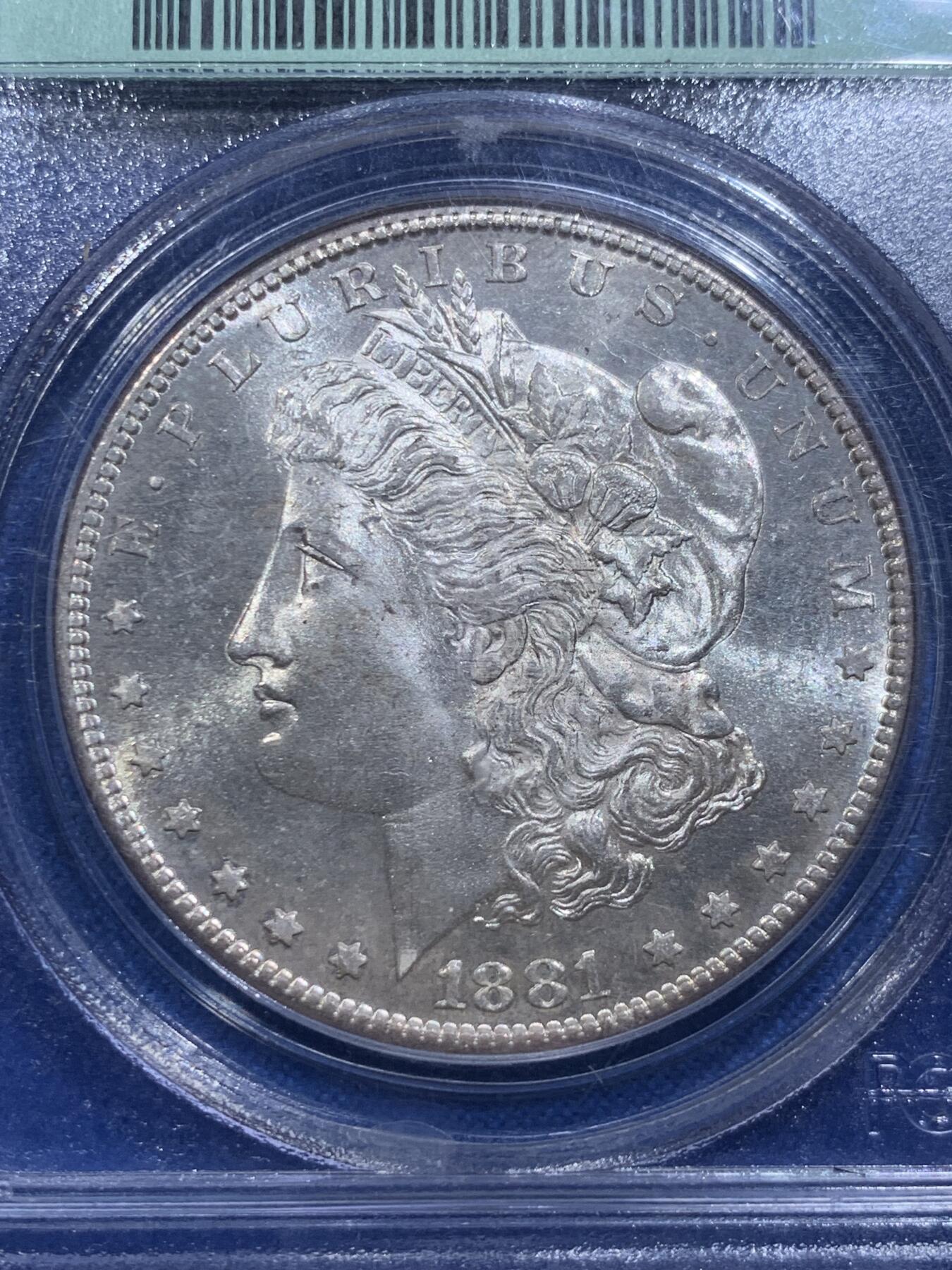 《竞宝斋》第414场 周日，周一，2场连拍 （全场包邮） PCGS MS64 美国 1881-S 摩根 1美元银币 老绿盒 低评了