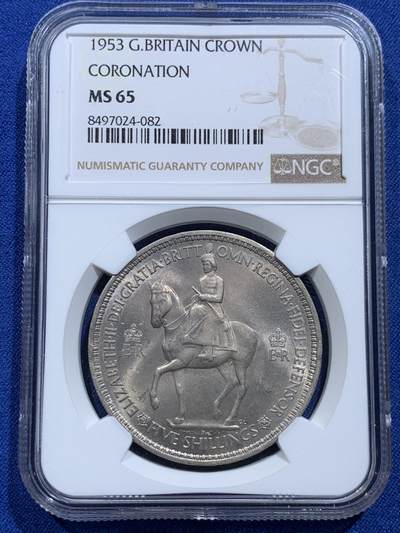 《竞宝斋》第414场 周日，周一，2场连拍 （全场包邮） - NGC MS65 英国1953年伊丽莎白二世登基纪念克朗币 车轮光状态漂亮！