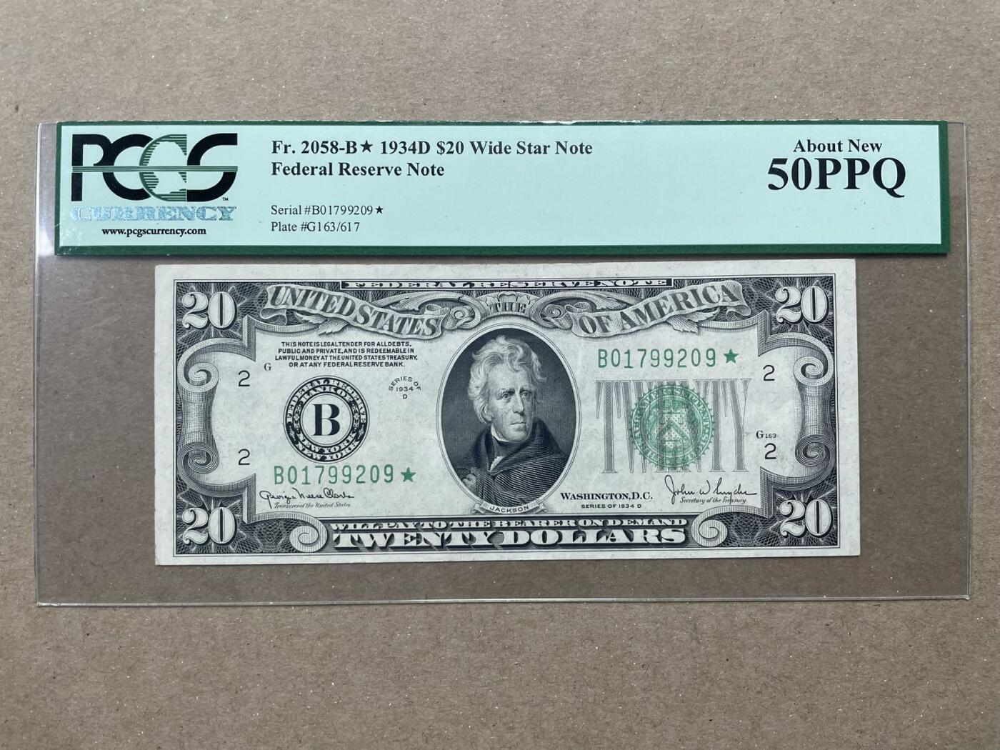 美国1934年D版20美元补号 纽约联储发行 PCGS65PPQ 非常稀有 目录价50分为700美元