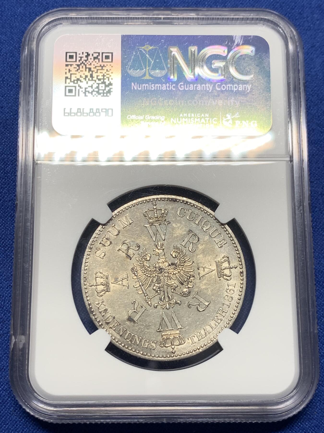 《竞宝斋》第414场 周日，周一，2场连拍 （全场包邮） NGC UNCD 德国 1861年 1泰勒 银币 光度不错 高点清晰