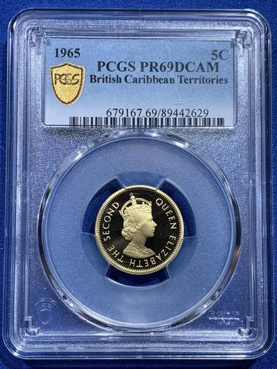 《竞宝斋》第414场 周日，周一，2场连拍 （全场包邮） - PCGS PR69DCAM 东加勒比1965年5分镍币