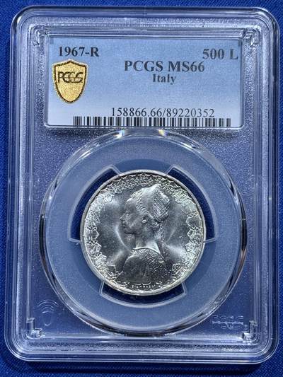 《竞宝斋》第414场 周日，周一，2场连拍 （全场包邮） - PCGS MS66 意大利 1967年 帆船少女 500里拉 银币