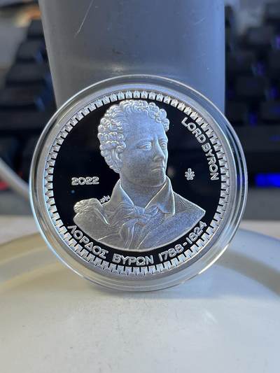 第174期拍卖【长期征集拍品】 - 希腊2022年希腊之友英国拜伦勋爵1盎司纪念彩银币，925银，发行2000枚，有氧化点