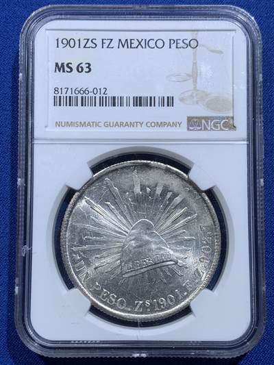 《竞宝斋》第414场 周日，周一，2场连拍 （全场包邮） - NGC MS63 墨西哥 1901年 1比索 直边鹰洋 银币 经典品种人手必备 细节见图