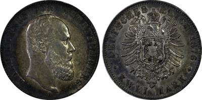 万国钱币拍卖第052期 - PCGS AU53 1876年德国符腾堡流通短翅2马克 高难早期短翅流通品种 酱五彩原味极美
