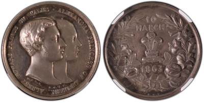 万国钱币拍卖第052期 - PCGS SP63 1863年英国威尔士亲王与亚历珊德拉公主结婚纪念银章 WYON名家倾力设计 雕刻细腻靓丽 高浮雕设计饱满