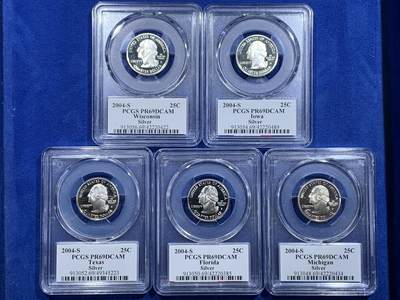 《竞宝斋》第414场 周日，周一，2场连拍 （全场包邮） - 五枚一组 PCGS PR69DCAM 美国2004年25美分精制银币套 德州/衣阿华/威斯康辛/密歇根/佛罗里达