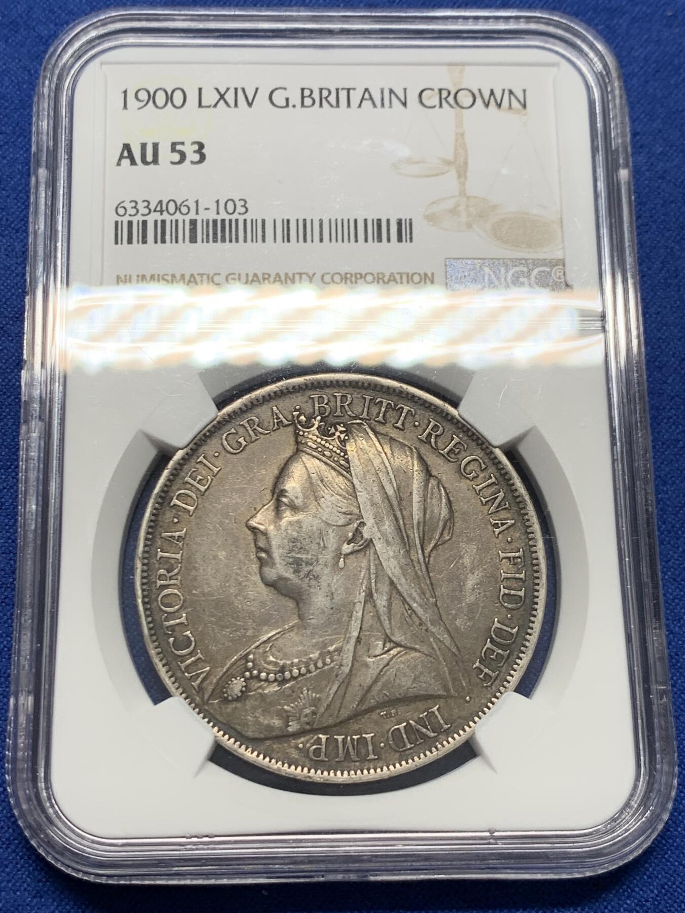 《竞宝斋》第414场 周日，周一，2场连拍 （全场包邮） NGC AU53 英国1900年维多利亚1克朗批纱马剑银币