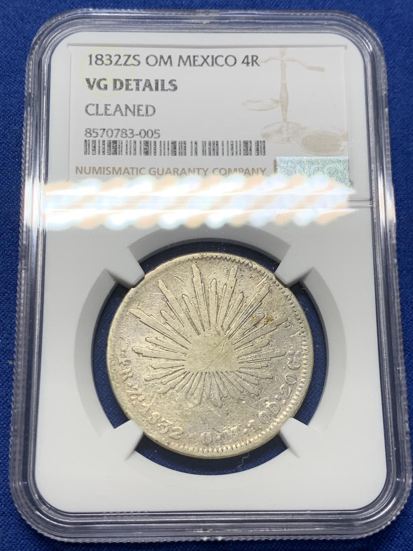 《竞宝斋》第414场 周日，周一，2场连拍 （全场包邮） NGC VGD 1832年墨西哥鹰洋4R 早期鹰洋，还是少见的4R，这种看不出清洗，但很可惜NGC没给分