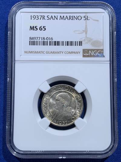 《竞宝斋》第414场 周日，周一，2场连拍 （全场包邮） - NGC MS65 圣马力诺1937年女神半身像5里拉银币