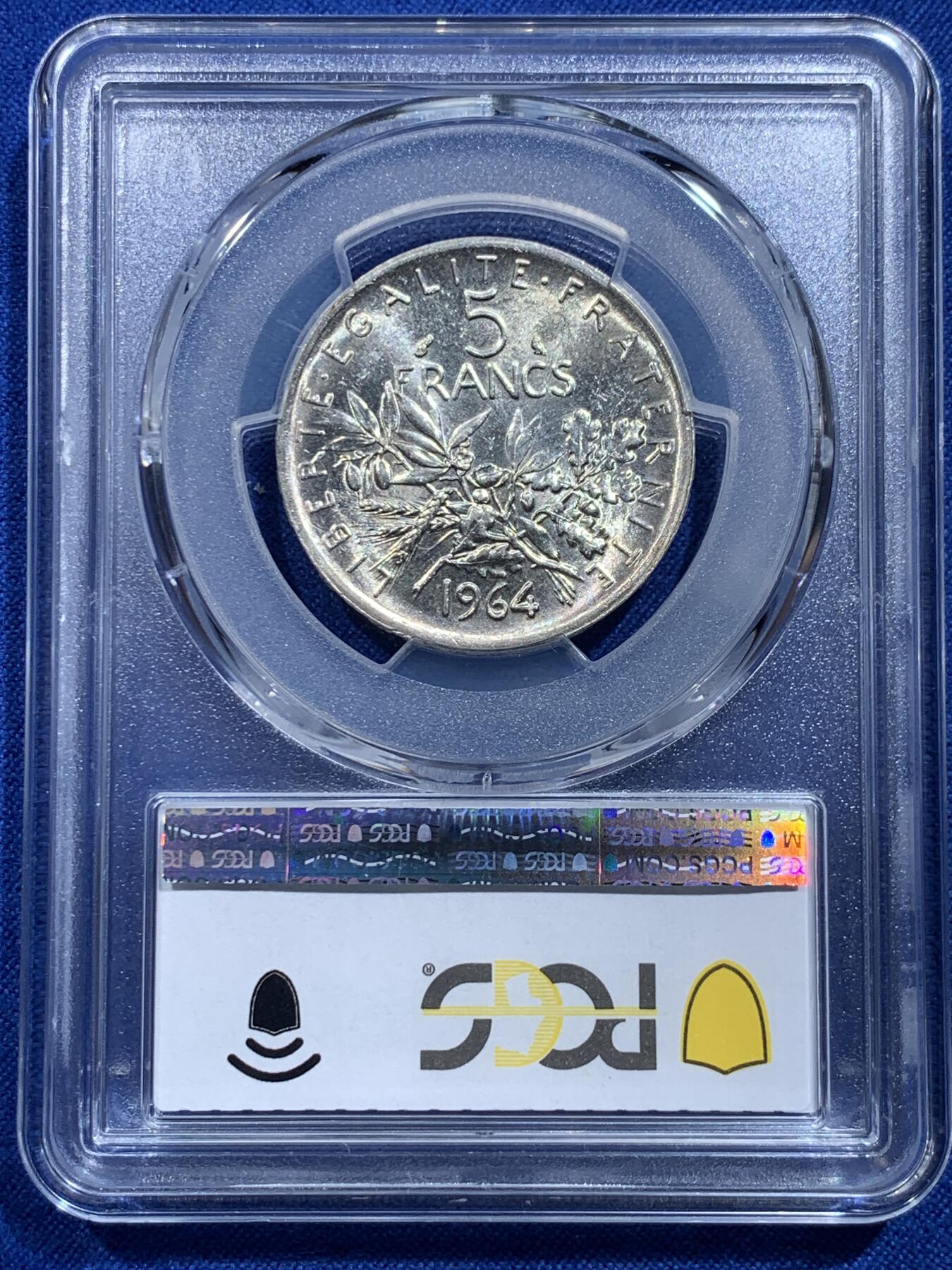 《竞宝斋》第414场 周日，周一，2场连拍 （全场包邮） PCGS MS62 法国1964年播种女神5法郎银币 车轮光状态 低评!