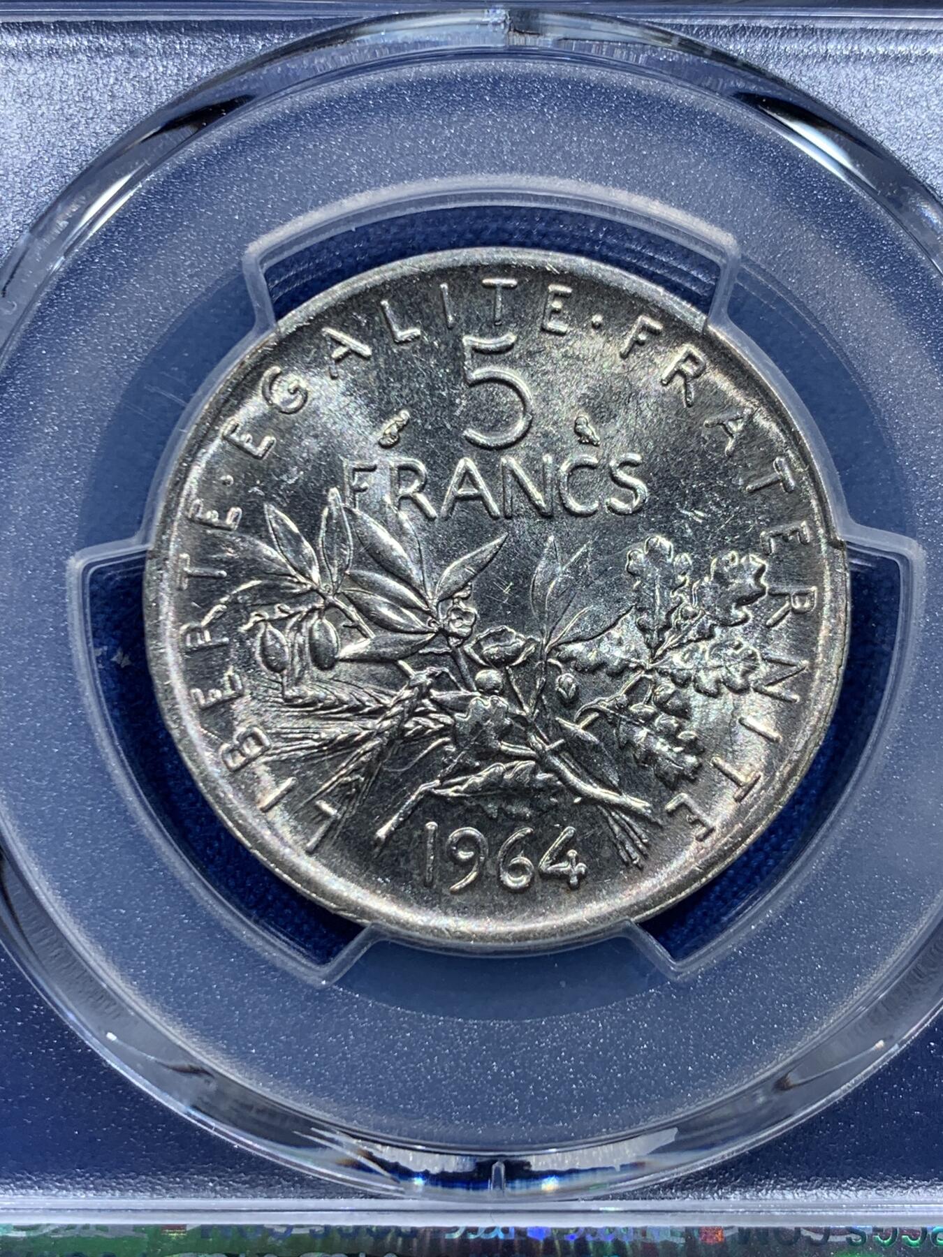 《竞宝斋》第414场 周日，周一，2场连拍 （全场包邮） PCGS MS62 法国1964年播种女神5法郎银币 车轮光状态 低评!