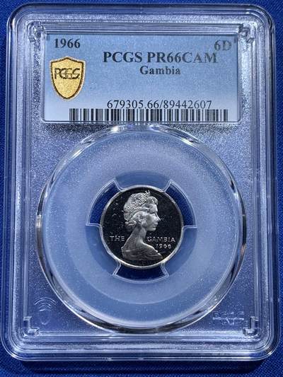《竞宝斋》第414场 周日，周一，2场连拍 （全场包邮） - PCGS PR66CAM 冈比亚1966年6便士花生精制币