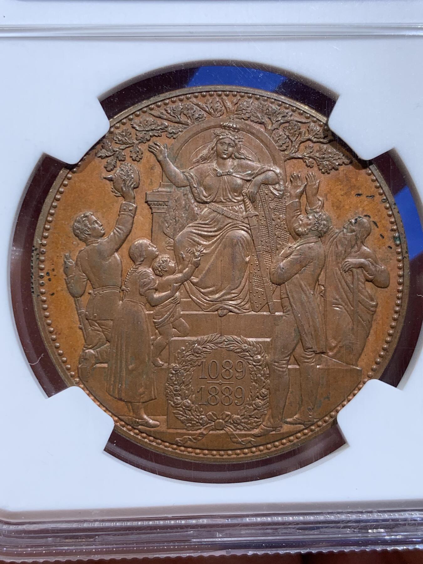 《竞宝斋》第414场 周日，周一，2场连拍 （全场包邮） NGC PF63BN 德国萨克森1889年韦廷王朝800周年5马克铜币 精制罕见