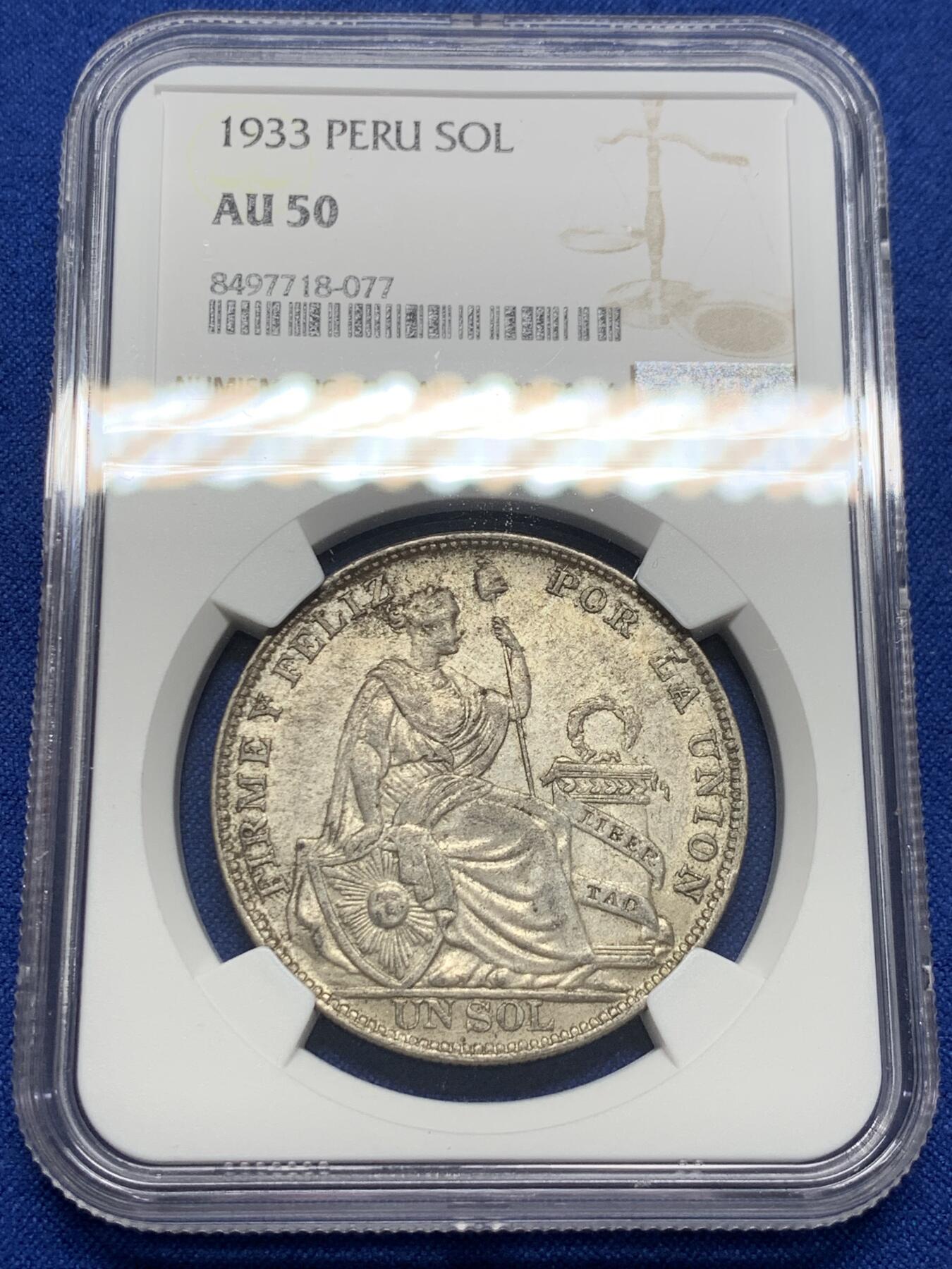 《竞宝斋》第414场 周日，周一，2场连拍 （全场包邮） NGC AU50 秘鲁1933年坐人女神1索尔银币