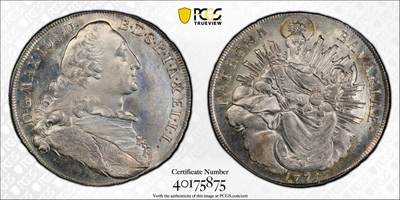 万国钱币拍卖第052期 - PCGS MS64 1771年德国巴伐利亚圣母抱婴大泰勒 半机制币代表作之一 如梦如幻的顶级邮票质感底板上靛蓝彩洒落 零减重痕浮雕感与喷砂质感不禁让人赞叹其极致的工艺 PCGS唯一冠军分&广告封面币