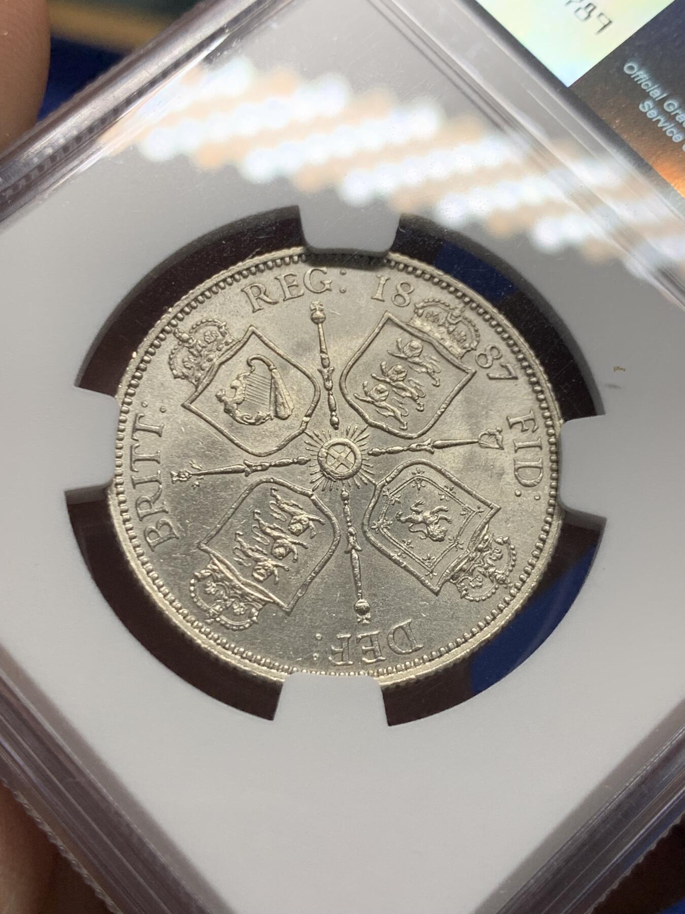 《竞宝斋》第415场 周日，周一，2场连拍 （全场包邮） NGC AU55 英国 1887年 维多利亚女王披纱 2先令 银币