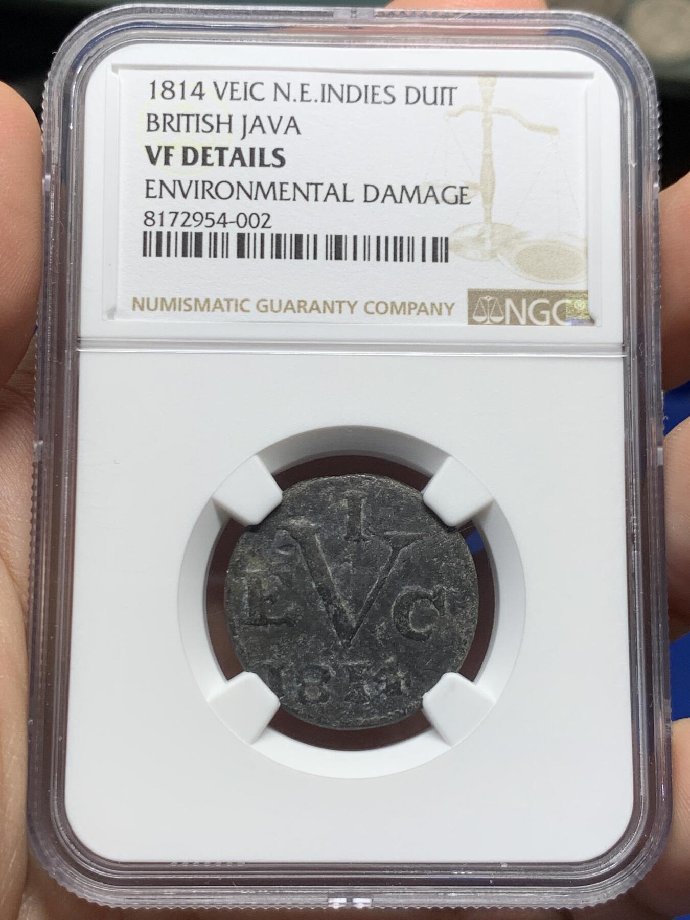 《竞宝斋》第415场 周日，周一，2场连拍 （全场包邮） NGC VFD 英属东印度公司爪哇岛1814年1杜伊特锡币，锡币保存不易。