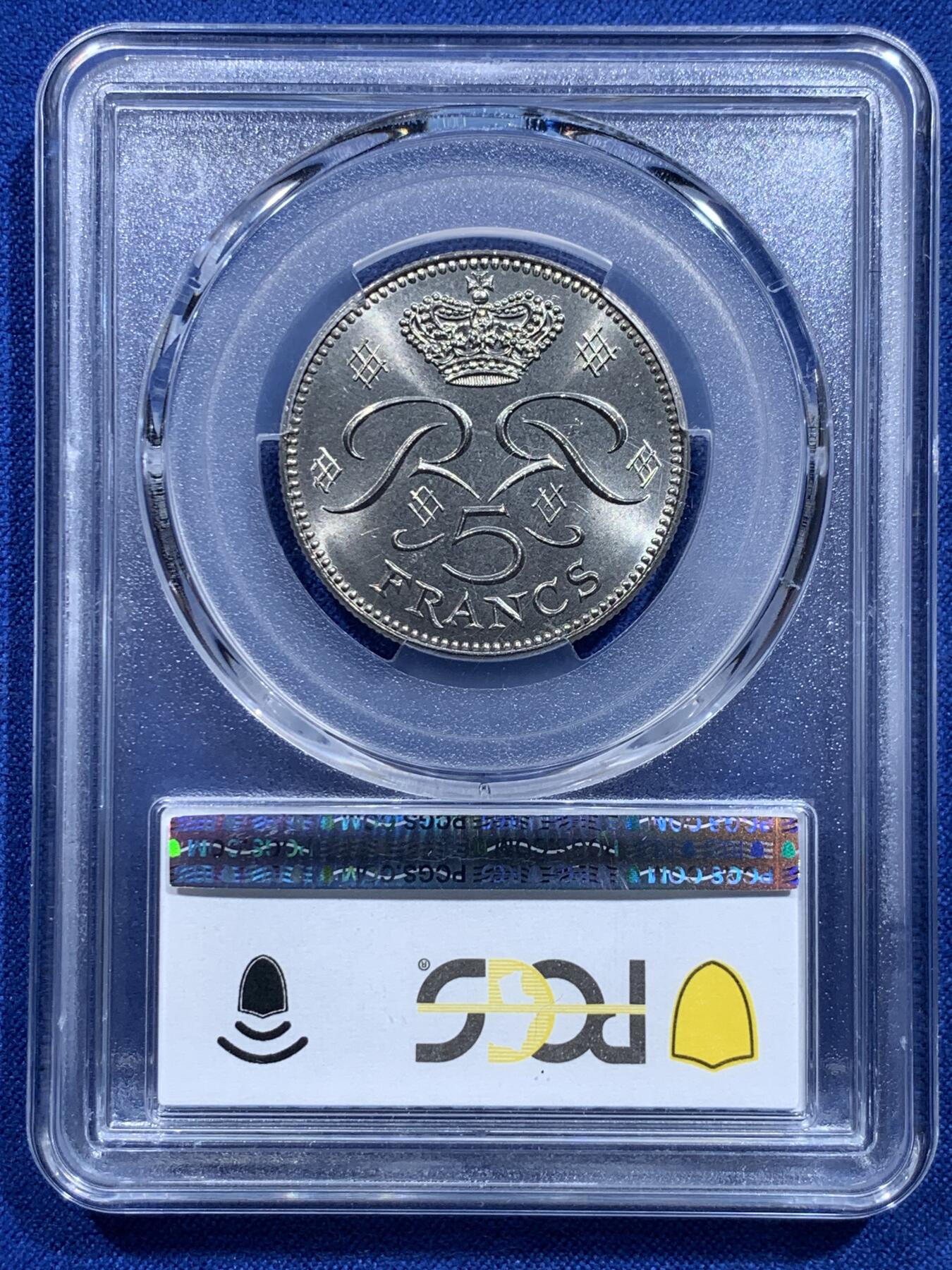 《竞宝斋》第415场 周日，周一，2场连拍 （全场包邮） 亚军分 PCGS MS66 摩纳哥1977年5法郎镍币 拆卷评级高分！车轮光状态漂亮！高分少见！冠军分仅2枚！