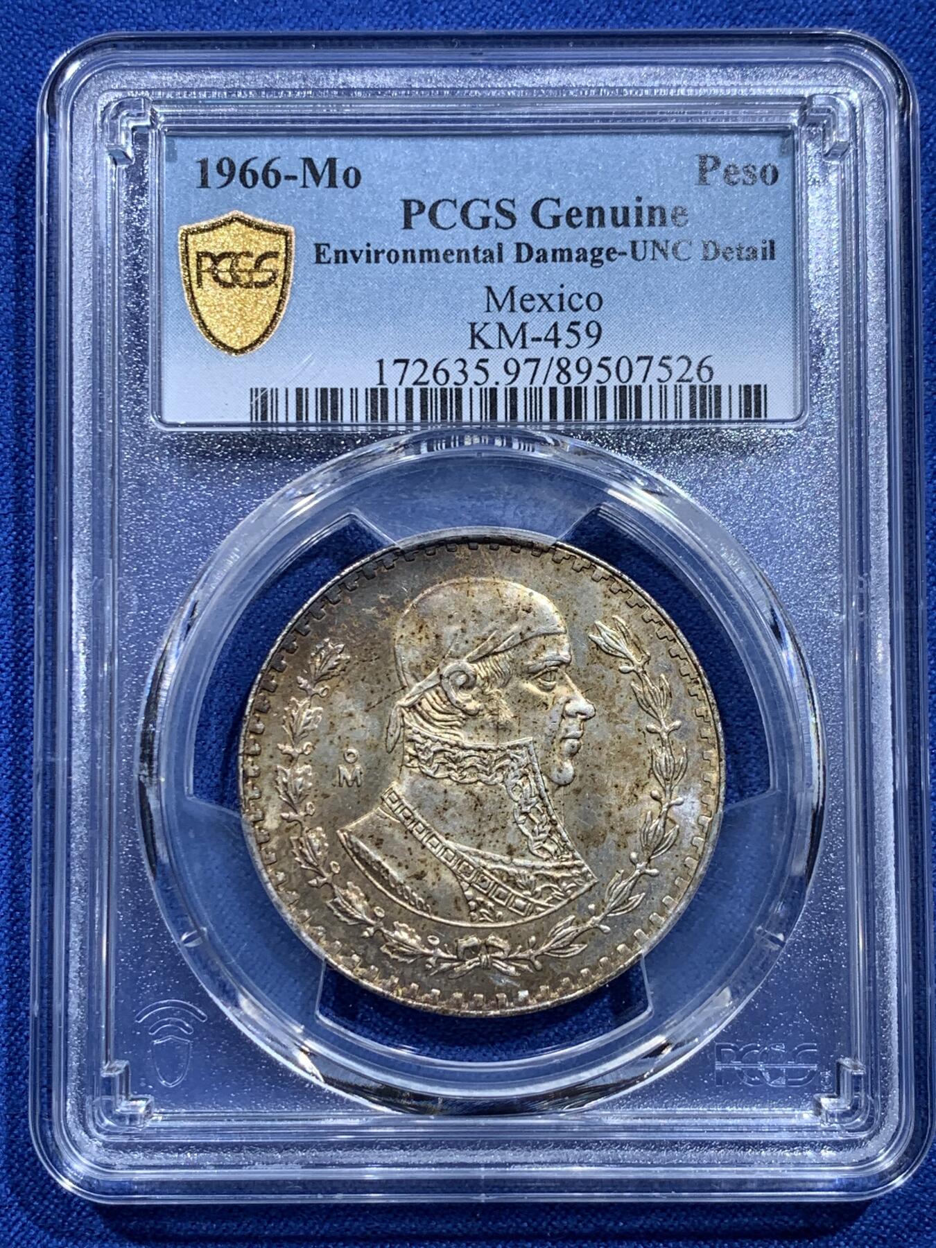 《竞宝斋》第415场 周日，周一，2场连拍 （全场包邮） PCGS UNC 墨西哥1966年1比索银币 带彩！