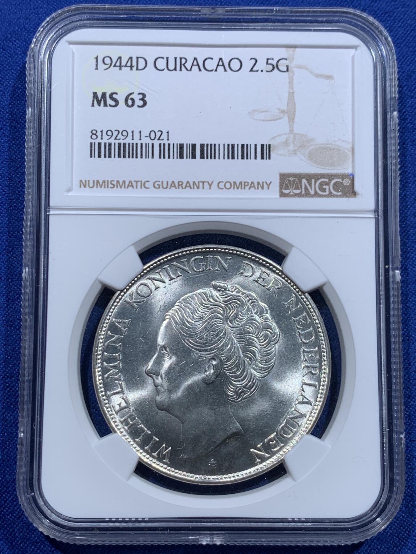 《竞宝斋》第415场 周日，周一，2场连拍 （全场包邮） NGC MS63 荷属库索拉1944年D厂2.5盾银币 状态极好 荷兰殖民地少见品种